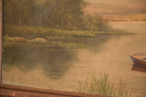 Signature J. Phil Andrews on antique seascape painting, showing lake shore.
