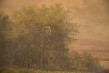 Detail of the antique seascape painting, showing canvas distress within the green foliage.