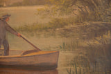 Hand-painted depiction of a man rowing a boat on a lake with detailed foliage.