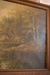 Aged, dark brown wooden frame detail with green aquatic grasses of the antique seascape painting.