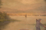 Intricate detail of the man paddling his boat on the serene lake.