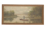 Early 20th century landscape painting of a man rowing a boat on a serene lake, 43x21.5 inches.