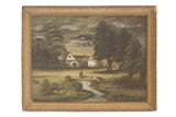Antique early 1900s oil painting of sheep grazing in a pastoral green field, farmhouse, and carved frame.