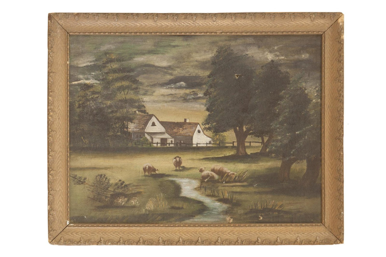 Sheep Grazing Antique Painting