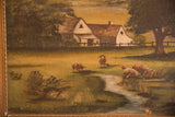 Antique painting detail showing barn, large tree, and sheep near a winding stream.