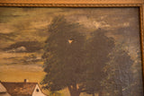 Dark tree foliage and muted sky in antique oil painting with visible small tear.