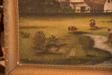 Pasture scene antique oil painting with stream, green grass, paint crackling, carved frame.