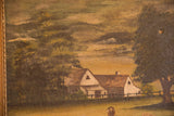 Antique oil painting detail of a farmhouse, tree, and grazing sheep with patina.