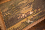 Detail of an antique landscape painting, showing aged texture and muted green-brown tones.