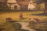 Grazing sheep near a stream in the antique oil painting, revealing crackling texture.