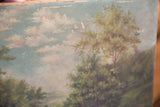 Close-up of the antique painting's sky and green foliage, highlighting areas of paint loss.