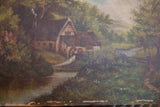 River and path through serene landscape painting with walking figure and edge wear.