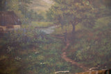 Antique landscape oil painting detail, showing green foliage, brown path, and evident paint wear.