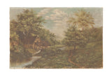 Serene Cottage Scene Antique Painting of a water wheel, river, and lush trees.