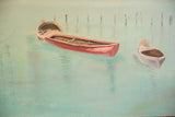 Vintage painting detail: red and white boats on tranquil blue-green water.