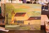 Vintage student-style painting featuring a farmhouse, barn, green trees, and warm sky.