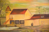 Vintage 1960s painting of a rustic farmhouse scene with cream buildings and red roofs.
