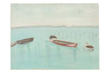 Vintage 1960s sailboat painting on board, serene blue New England seascape. 24x18.
