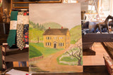 Vintage landscape painting of a yellow house with green hills and a blossoming tree.