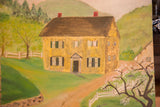 The house side of a double-sided painting, depicting a yellow home amid green hills.
