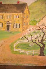 The yellow house side of a vintage painting, showing a flowering tree and a white picket fence.