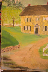 Angled view of the vintage house painting, showing its landscape composition and textured surface.