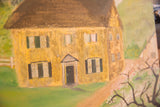 A close view of the vintage painting showing the heavy, textured paint on the yellow house.