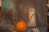 Vintage still life painting of a copper tea kettle holding berry branches next to an ashtray.