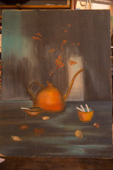 Tea kettle side of a vintage painting, a moody still life with cigarettes and berries.