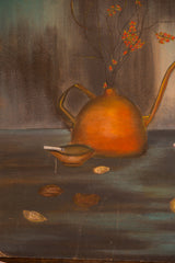 Vintage painting detail of a copper tea kettle, a lit cigarette, and scattered nuts.