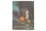 One side of a vintage painting showing a copper tea kettle still life with berries and cigarettes.