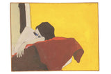 Vintage abstract portrait painting of a woman with vibrant yellow background and contrasting red blanket.