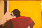 Abstract painting detail: woman's form, red blanket, vibrant yellow background, canvas texture.