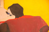 Textured surface of abstract painting with vibrant yellow and deep red blanket.
