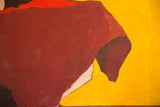 Textured vintage painting surface showing abstract red blanket and vibrant yellow background.
