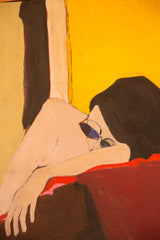 Textured brushstrokes on the woman's arm and hand against a vibrant red blanket.
