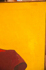 Vibrant yellow background of vintage abstract painting with red form, surface marks.