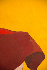 Vintage abstract painting detail with textured red and vibrant yellow.