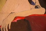 Abstract beige arm and vibrant red blanket detail with visible surface stains.