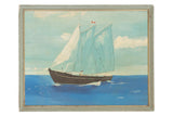 Vintage 1950s painting on wood of Norma and Gladys schooner on blue water, aged frame.
