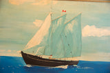Circa 1950s painting on wood, showing the schooner's masts, teal sails, and Canadian flag.