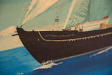 Vintage painting detail, dark Norma & Gladys Do schooner hull on textured wood.