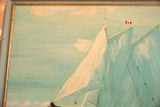 Canadian flag and bright blue sails on the vintage Norma and Gladys painting.