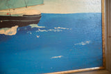 Vibrant blue water with white waves and dark hull detail from the vintage schooner painting.