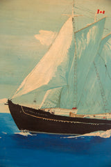 Schooner Norma & Gladys dark hull on blue water, white waves, and light sails.