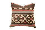 Handmade antique Kilim fragment pillow, featuring geometric patterns and stripes in natural earth tones, 16x16.