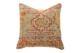 Reclaimed Antique Turkish rug fragment pillow, hand-knotted geometric red, golden yellow, sage.