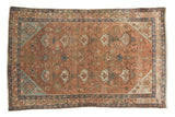 Distressed vintage Malayer rug, allover pale terra cotta, seafoam, sapphire potted plants, 4x6.