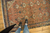 Distressed vintage Malayer rug in pale terra cotta with allover traditional potted plant motifs.