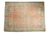 Vintage Distressed Oushak carpet, allover tangerine, mint, ivory floral pattern, 7'2